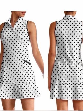 Sleeveless Polka Dot Mini Dress in White and Black perfect for golf or tennis